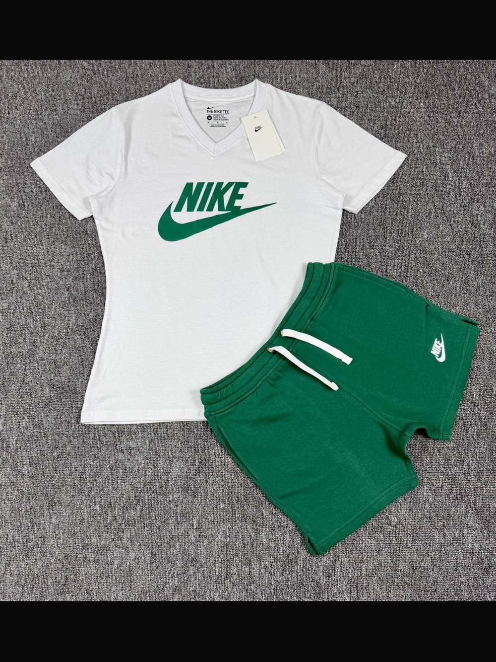 Nike White V-Neck Tee with Green Swoosh & Green Drawstring Shorts
